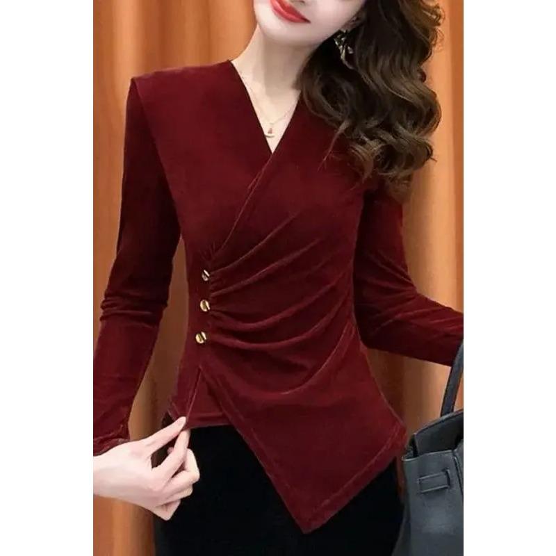 Autumn New Style French V-neck Buttoned Waist Slimming Long-sleeved Velvet Elegant Women's Top
