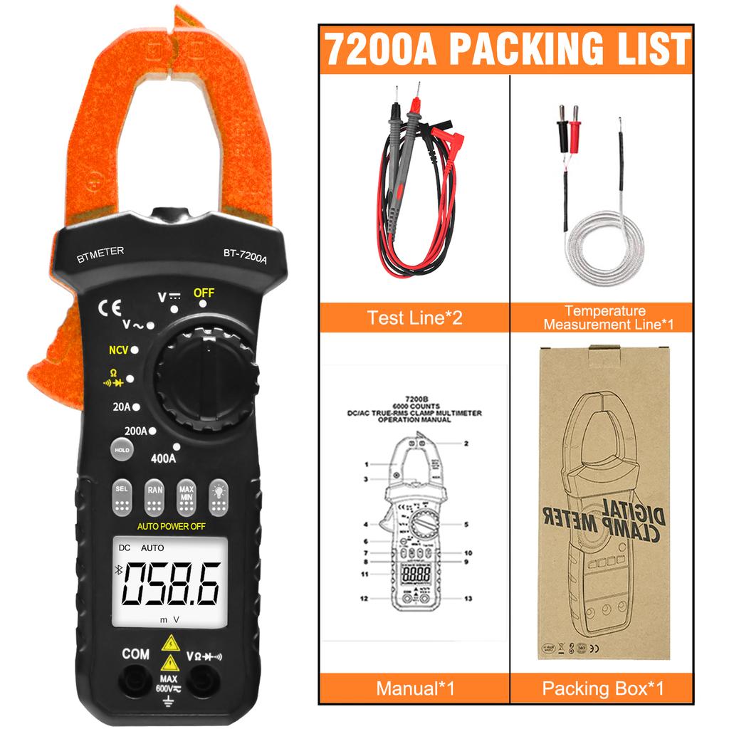  Non-Contact Voltage Detector, BT-7200A Digital Clamp Multimeter, With Backlit Display And Support Data Storage Function