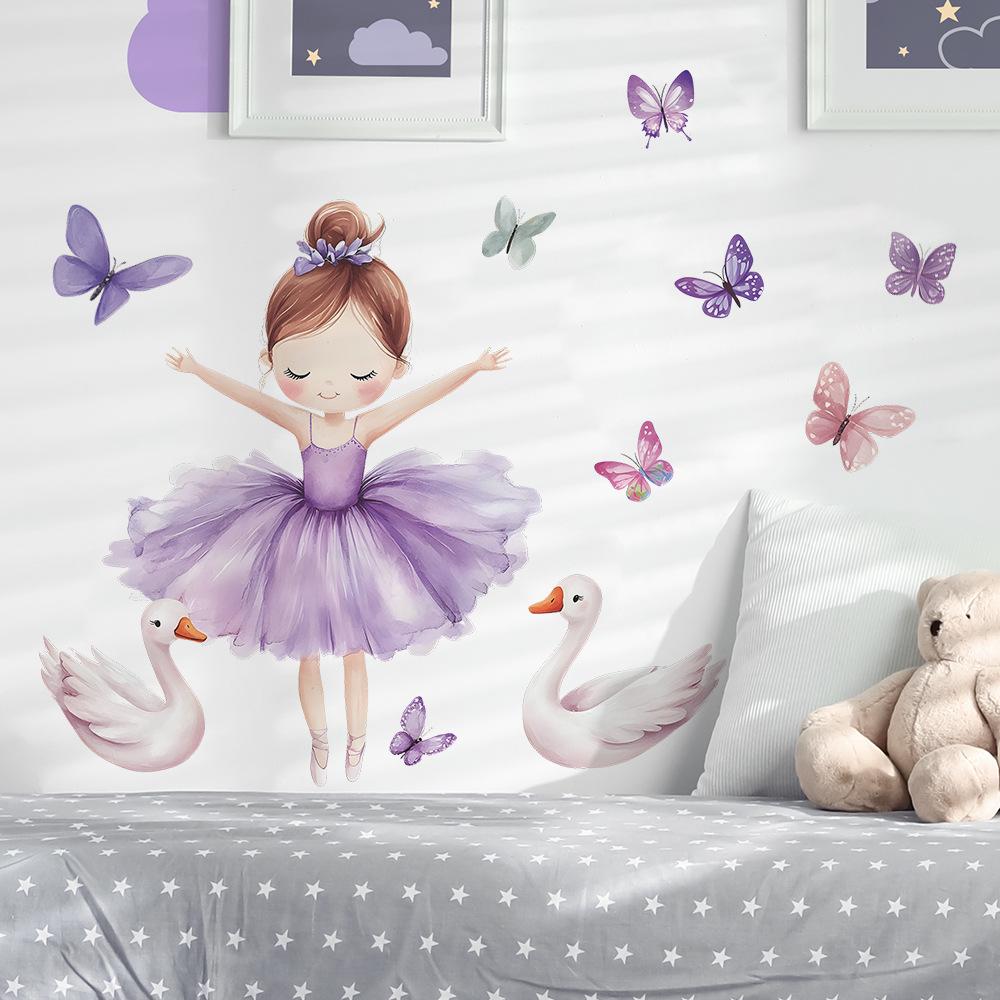 Ballet Dancer Girl with Swan and Butterflies Wall Sticker Self-Adhesive Removable Bedroom Living Room Hallway Dorm Elegant Home Decor Art