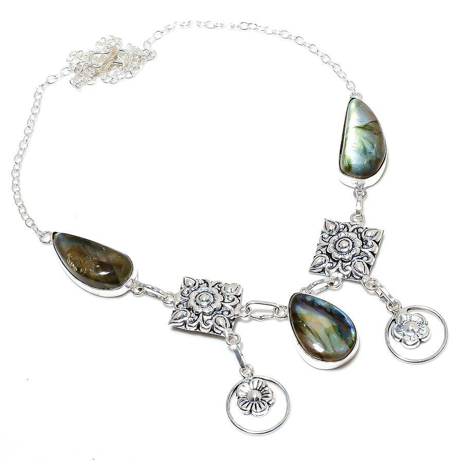 

Ожерелье ручной работы из стерлингового серебра 925 пробы с натуральным лабрадоритом 18 дюймов N9S58