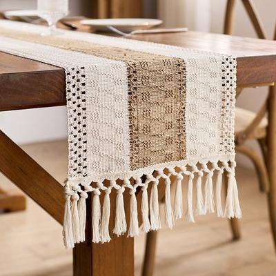 Boho Bauernhaus Leinen Tischläufer für Heimdekoration Makramee mit Quasten Langer Bauernhaus Rustikaler Tischläufer Hochzeitsdekoration ZQ03