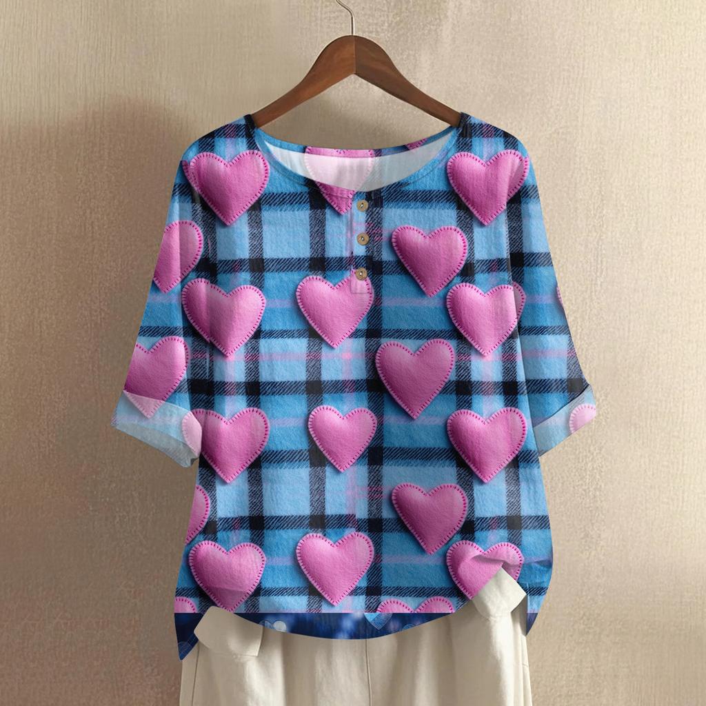 Damska koszulka z nadrukiem na Walentynki, casualowa, z krótkim rękawem, okrągłym dekoltem, z bawełny i lnu