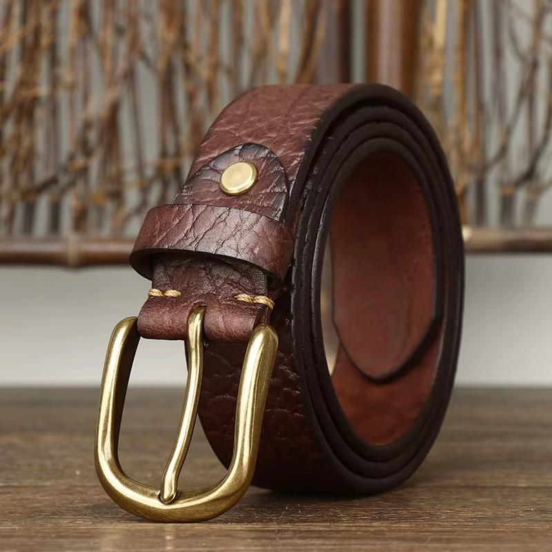 3.8CM Embossing Retro Cowboy Belt Male Genuine Leather Copper Pin Buckle Belt for Jeans Men Waist
