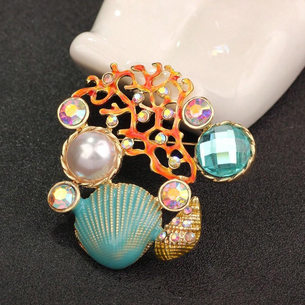 Vintage Gold-Tone Ocean Theme Brooch - Coral, Shells, Pearl & Crystals, Nautical Design, for Beach Style & Lovers, Ideal Gift