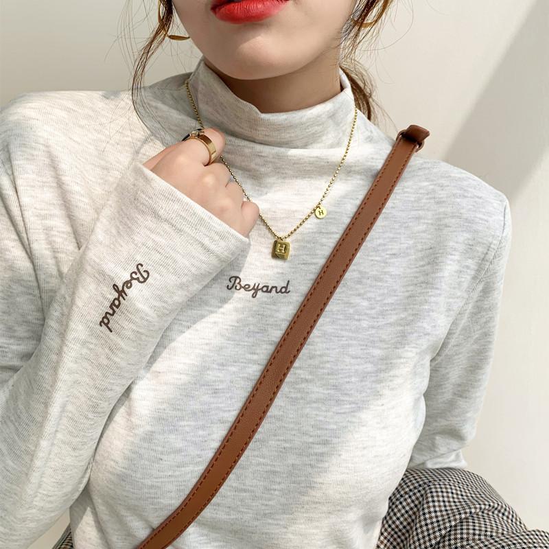 Letter embroidered semi-turtleneck bottoming shirt women's polished thermal long-sleeved T-shirt spring suit inner top