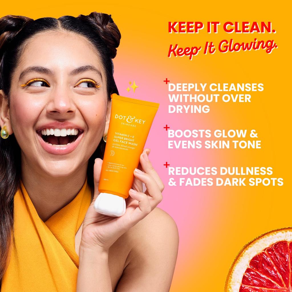 DOT & KEY Vitamin C + E Super Bright Gel Face Wash 100 Ml For Glowing Skin | All Skin Types