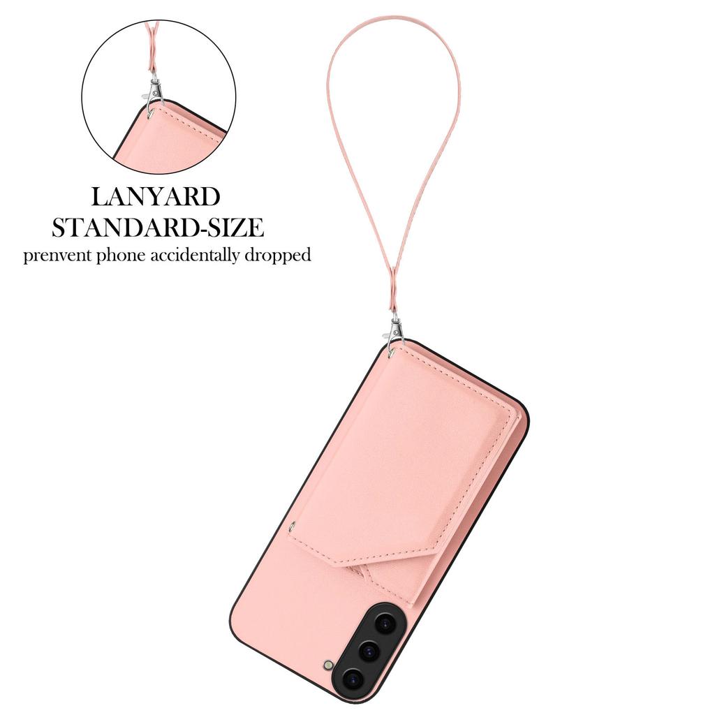 For Samsung Galaxy S23 Case Card Holder Kickstand Skin-Touch Phone Cover with Wrist Strap