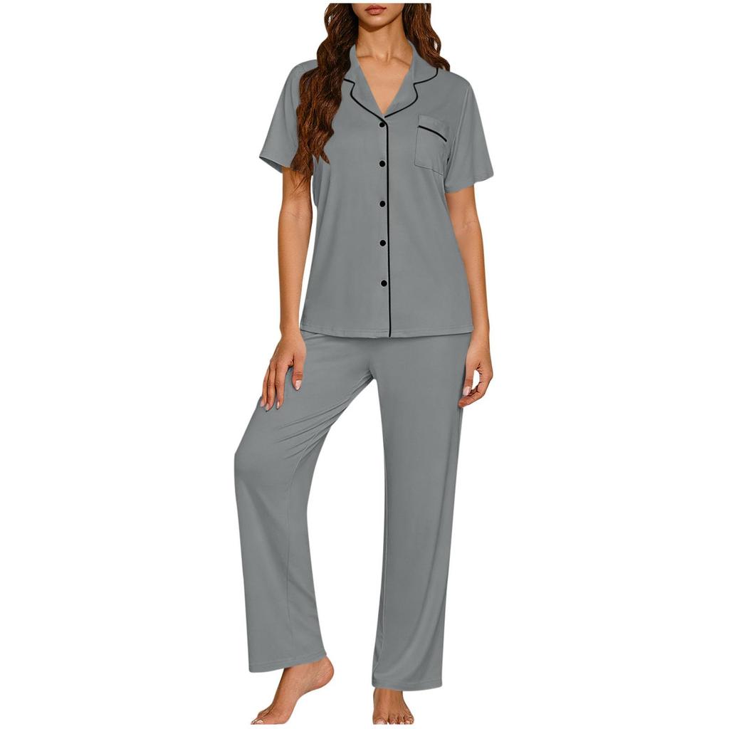 Women's Fashionable Loose-Fit Loungewear Short-Sleeve Cardigan Collared Pajama Set