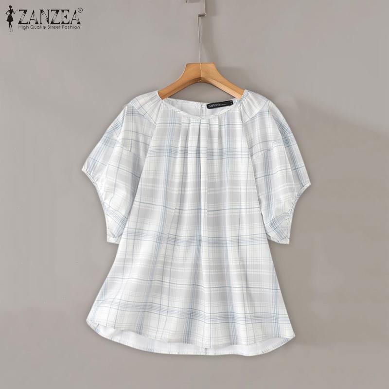 

ZANZEA Women Summer Round Neck Contrast Color Plaid Short Sleeve Blouses 5XL бежевий