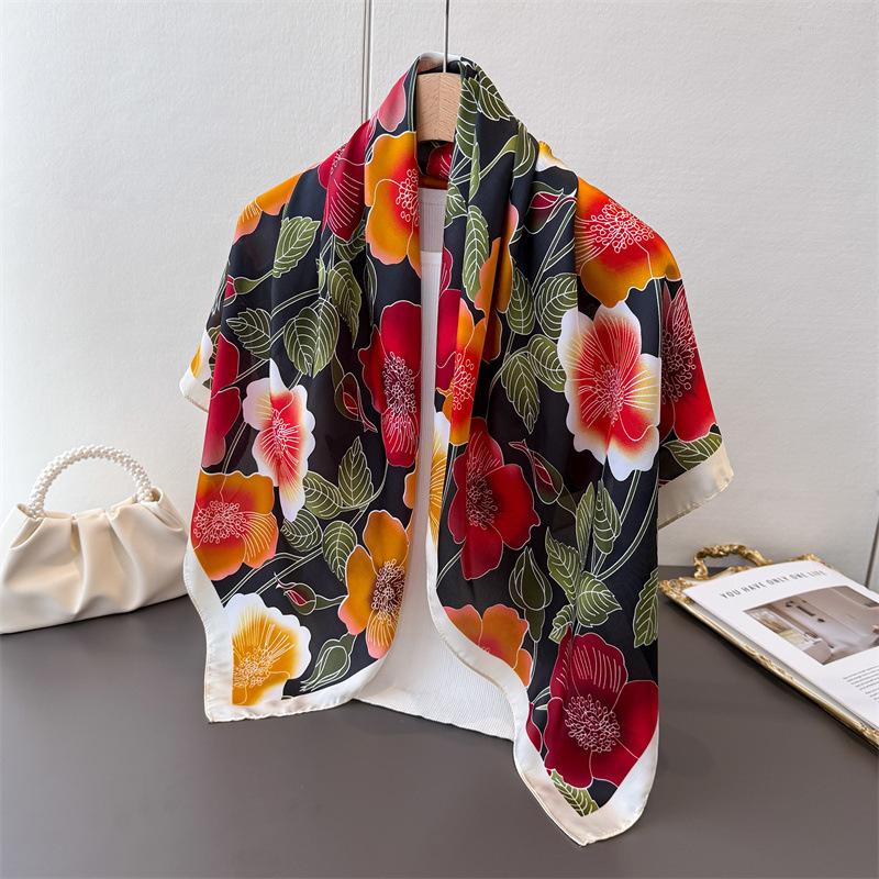 Spring Flowering Simulation Silk High-end Large Square Scarf Silk Scarf Printing Travel Shawl Scarf Sunscreen Headscarf Women's Scarf