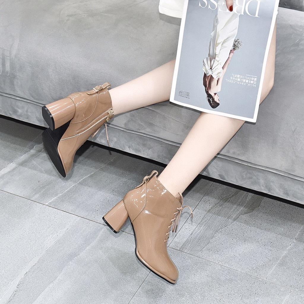 Fashion high-heeled short boots autumn and winter new thick-heeled lace-up cow patent leather fashion boots leather boots women's locomotive boots