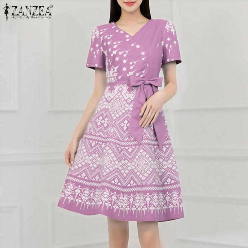 ZANZEA Women V-Neck Casual Short Sleeve Summer Print Dress