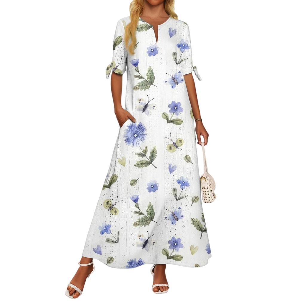 Ladies Casual Fashion Temperament Elegant Waist Patchwork Print Long Dress