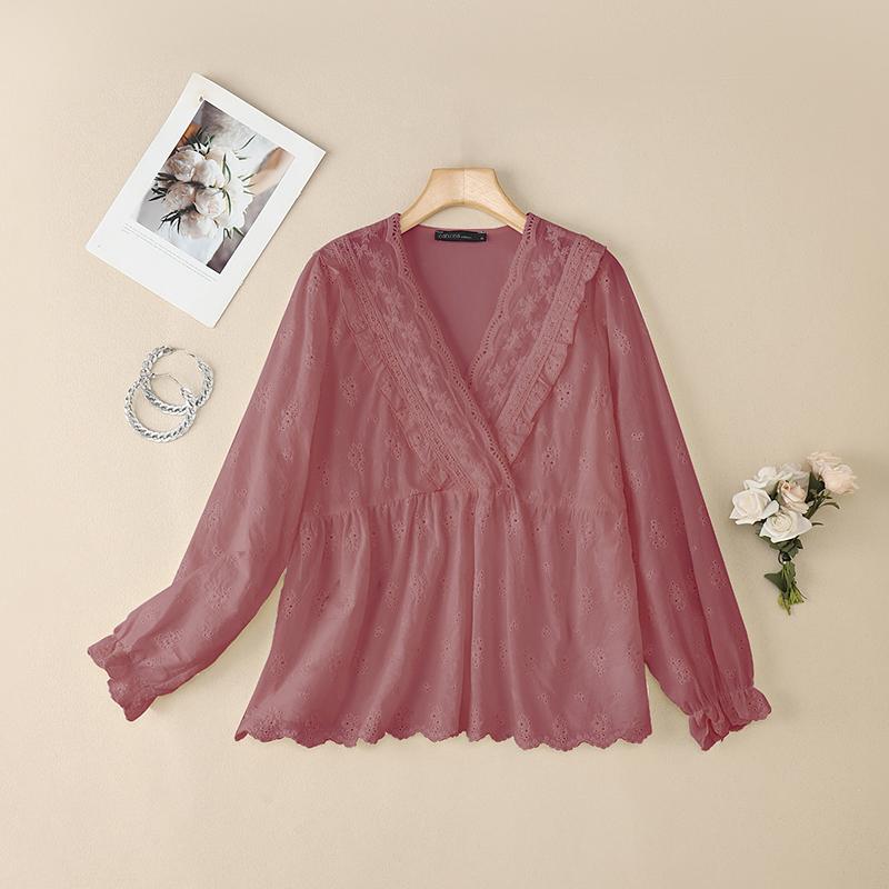 ZANZEA Women Casual V Neck Long Sleeve Crochet Patchwork Loose Blouse