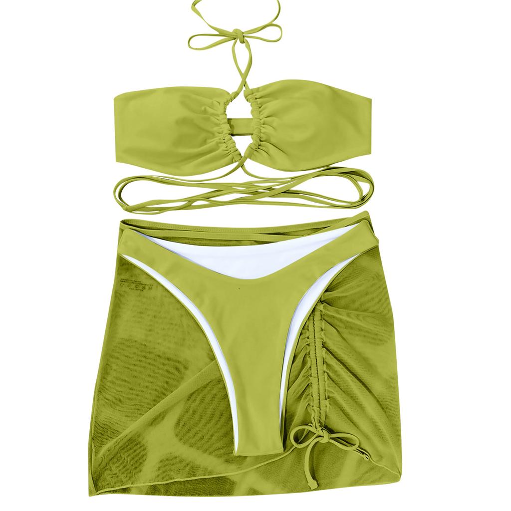 Women's Summer Fashion Sexy Color Backless Lace-up Waist Pleated Knotted Bikini Three-pieces Swimsuit