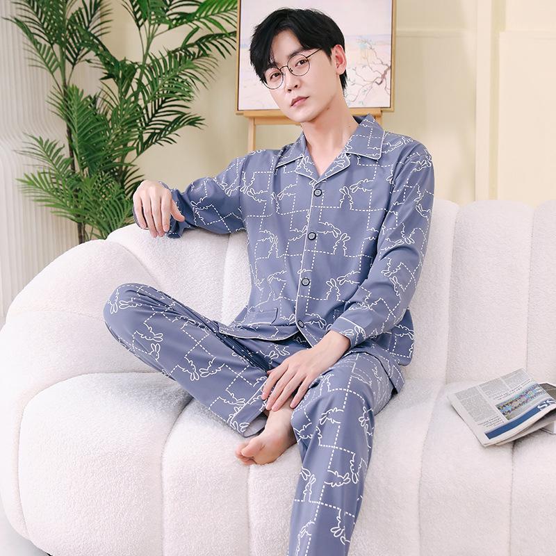 Men's Printed Long Sleeve Knit Cotton Pajama Set with Cardigan Lapel for Spring, Autumn, Winter