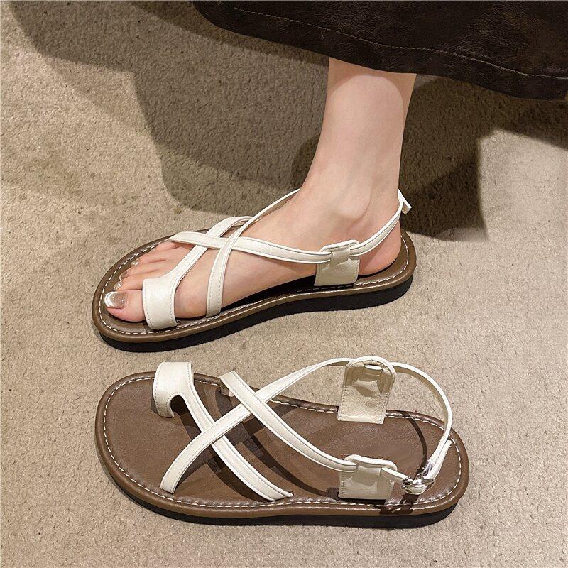 Temperament with skirt flat toe sandals women's 2025 new summer soft sole silver cross with Roman beach sandals