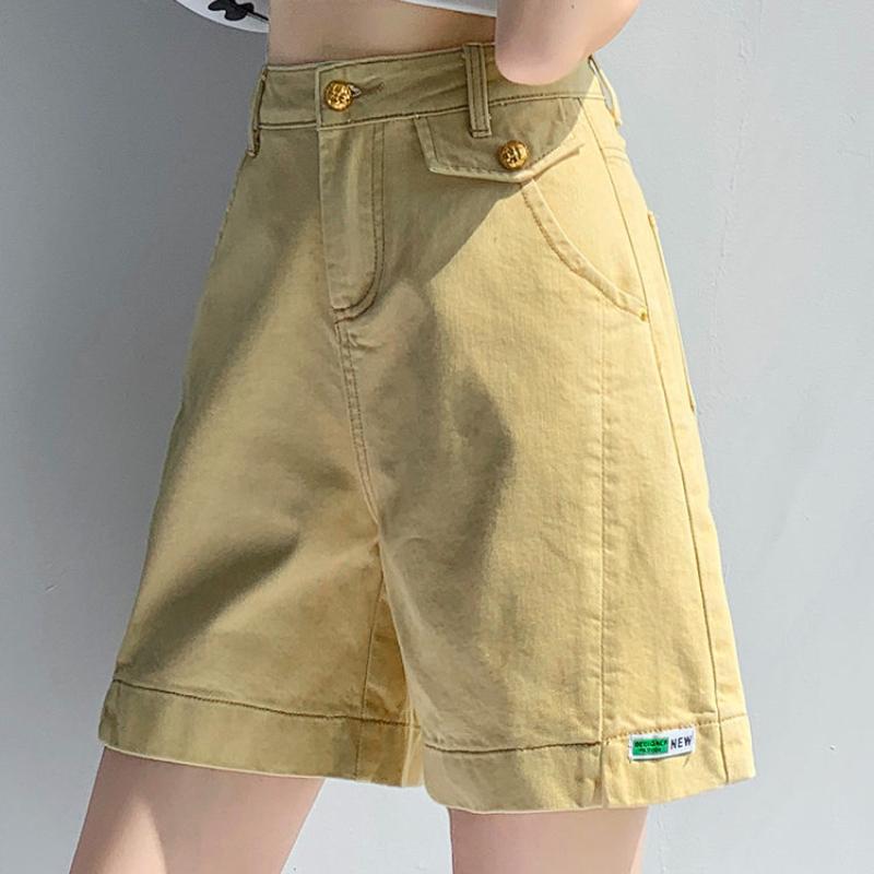 High Waisted Khaki Denim Shorts for Women In Summer Thin A-line Loose and Casual American Yellow Cropped Shorts Trendy