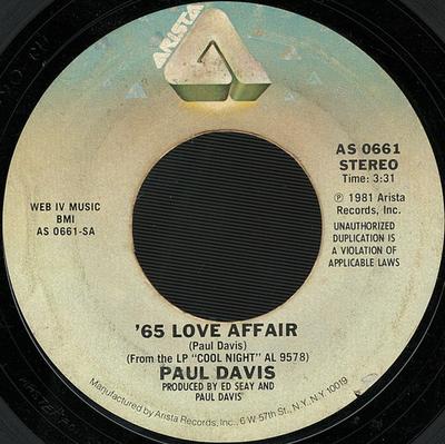 Płyta 7-calowa PAUL DAVIS - '65 Love Affair / We're Still Toget AS0661 Arista 1981 US Rock Używana