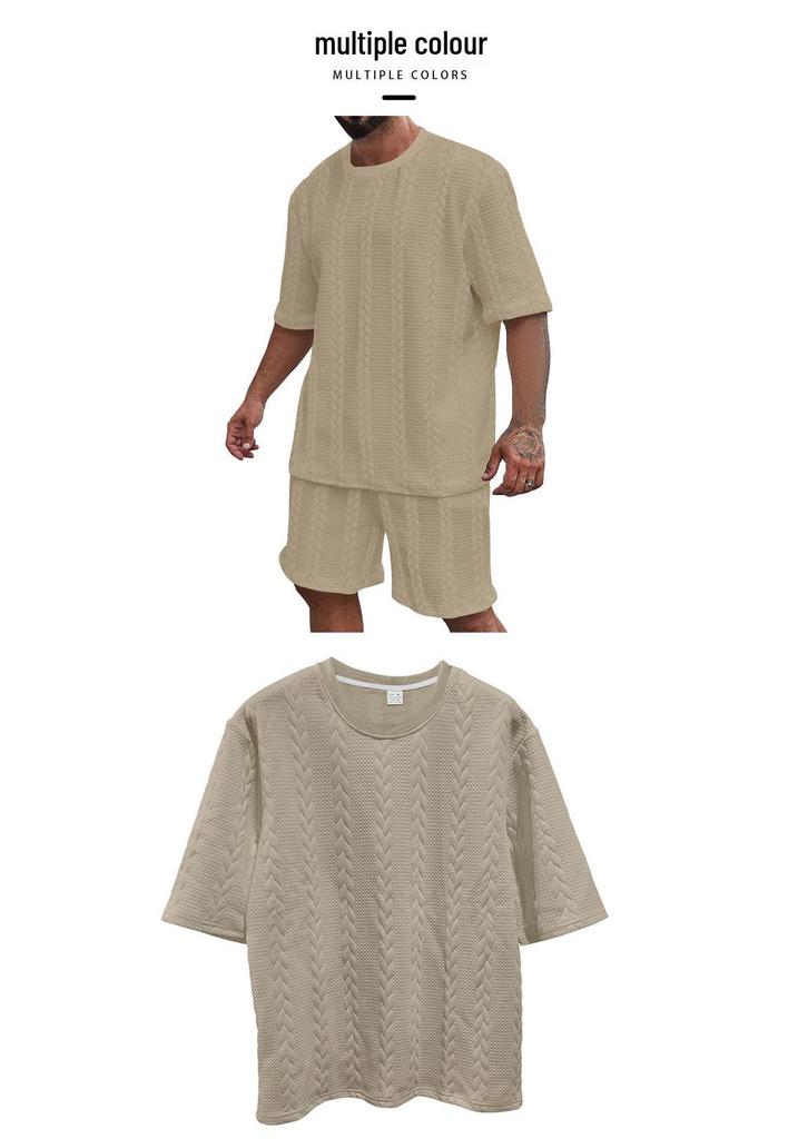 Men's Knit Jacquard Summer Casual Set: Round Neck Pullover & Shorts