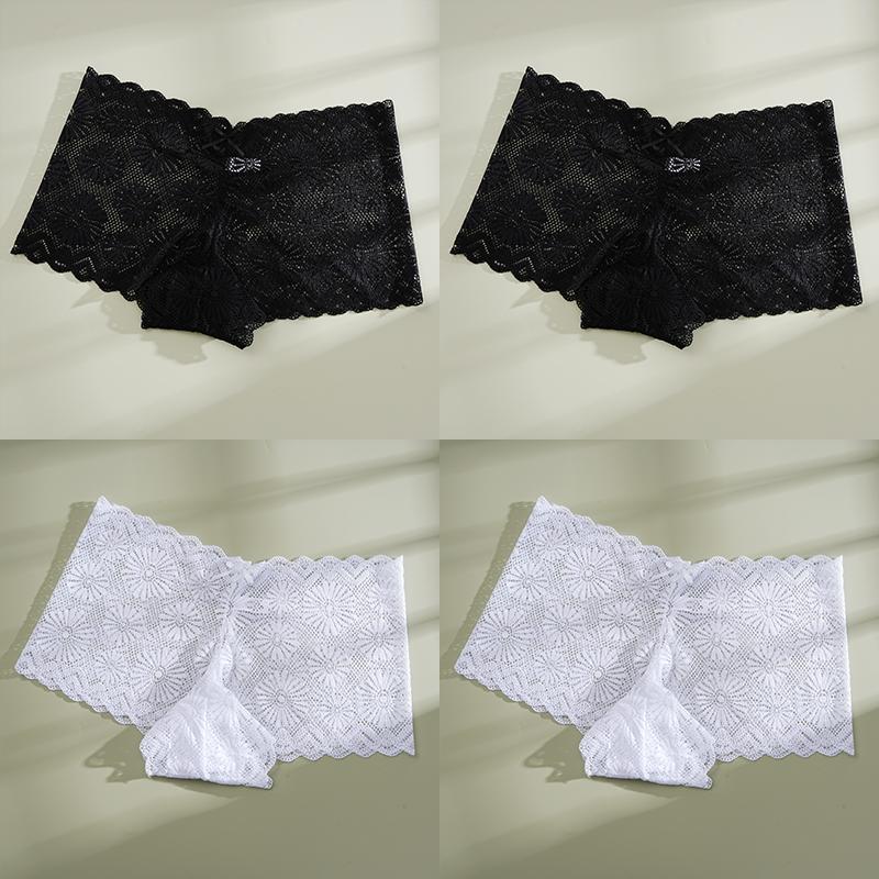 

4Pcs Fashion Women Mid Waist Plus Size Panties Lace Mesh Floral Transparent Briefs Underwear Solid Seamless Underpants Lingerie XXL