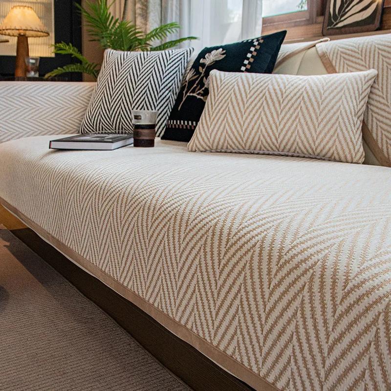 Sofa Cushion Fish Bone Pattern Winter Thickened Chenille Cushion Non-slip Leather Sofa Cover Cover 2025 New Cover Cloth Towel