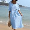 Women's Fashion Summer Spring Solid Color Print 1/2 Sleeves O-Neck Loose Waistline Casual Dresses