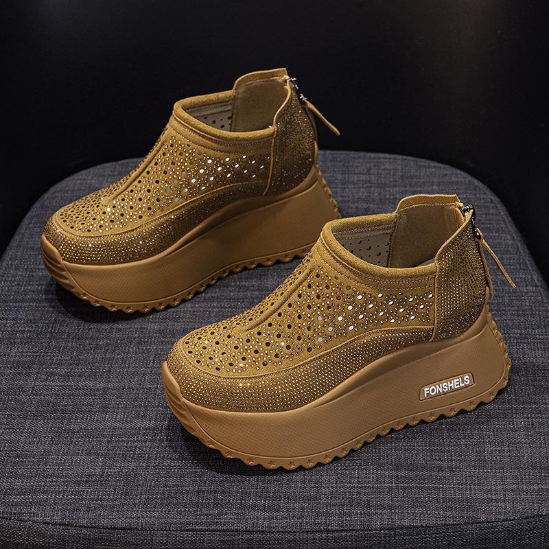 Hollow Women's Sandals Summer Round Head Gypsy Star Rhinestone Casual Fashion Breathable Thick-soled Heightening Shoes