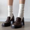 Fashion Soft Leather British Style Women's Summer Brown French Heel Loafers High Heel Single Shoes Comfortable Casual Square Toe