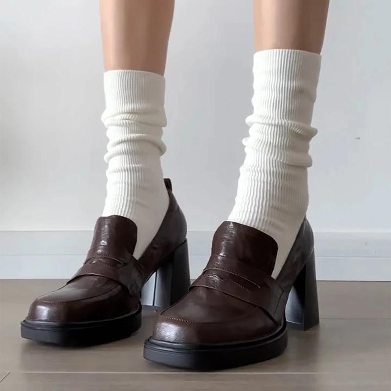 Soft Leather British Style Women's Summer Brown French Heel Loafers High Heel Single Shoes Comfortable Casual Square Toe