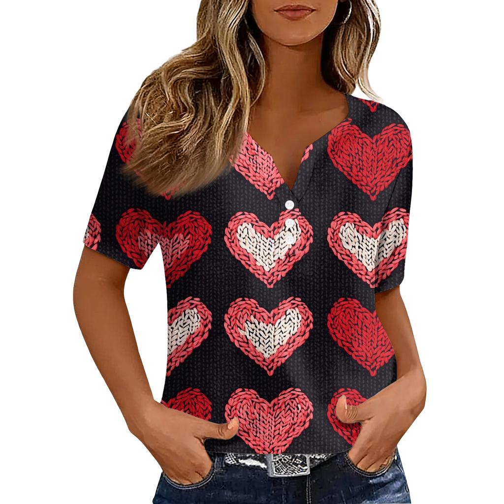 Women's T Shirt Tee Print Button Short Sleeve Daily Weekend Fashion Basic V, Neck Regular Top Valentine's Day