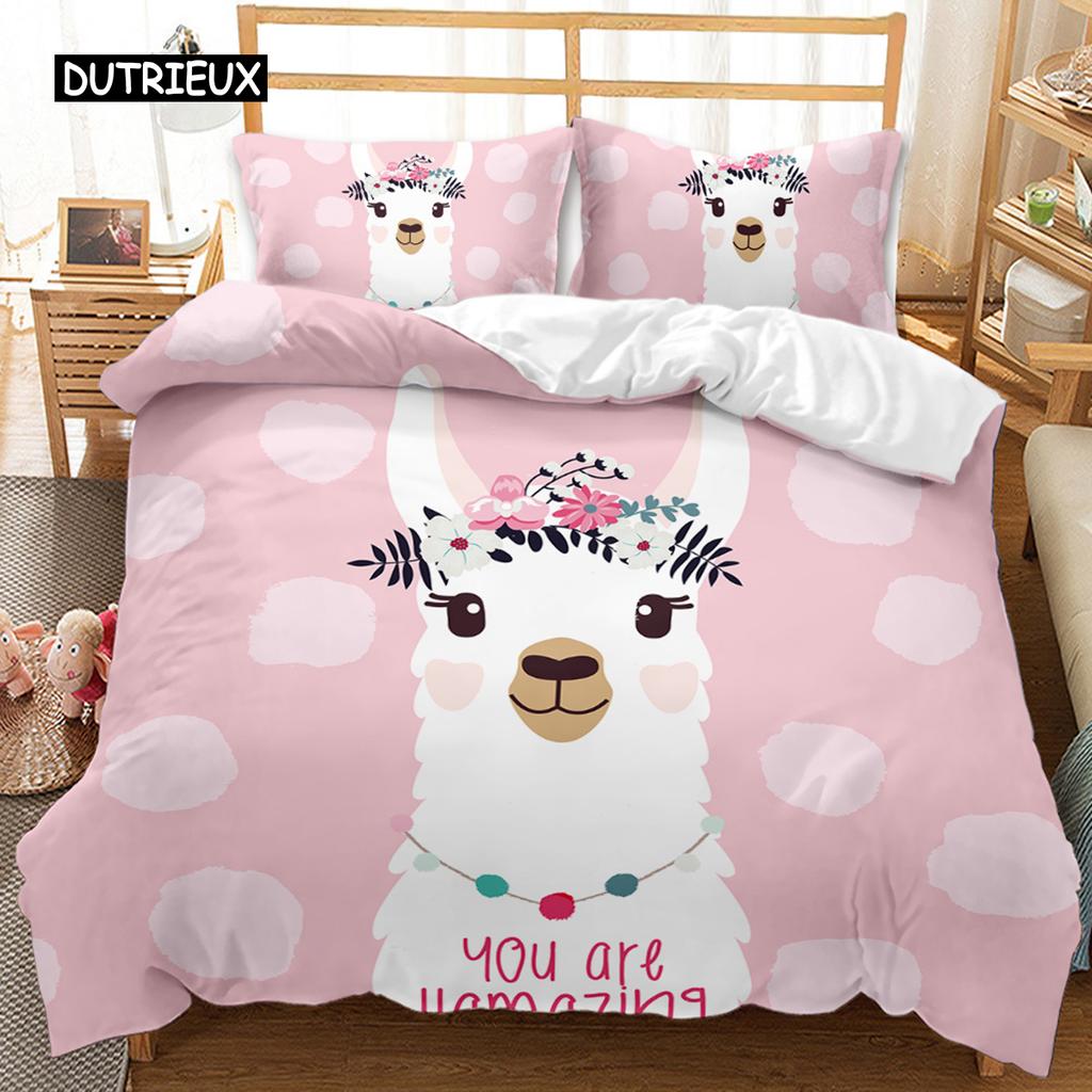 Alpaka Bettbezug Kinder Mädchen Alpaka mit Kopfhörern Bettbezug Cartoon Alpaka Polyester Bettdeckenbezug Doppel Queen King Size