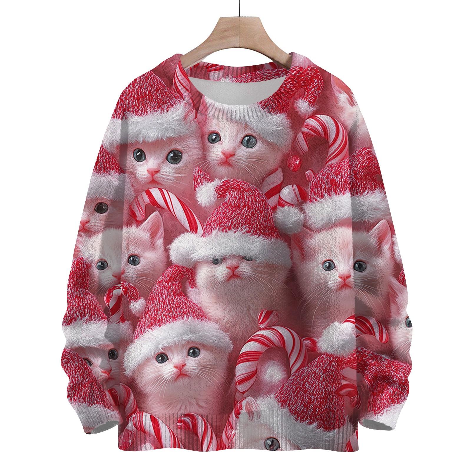 

Женская мода круглый вырез повседневный длинный рукав рождественский милый принт шерстяной трикотажный топ XL арбуз красный