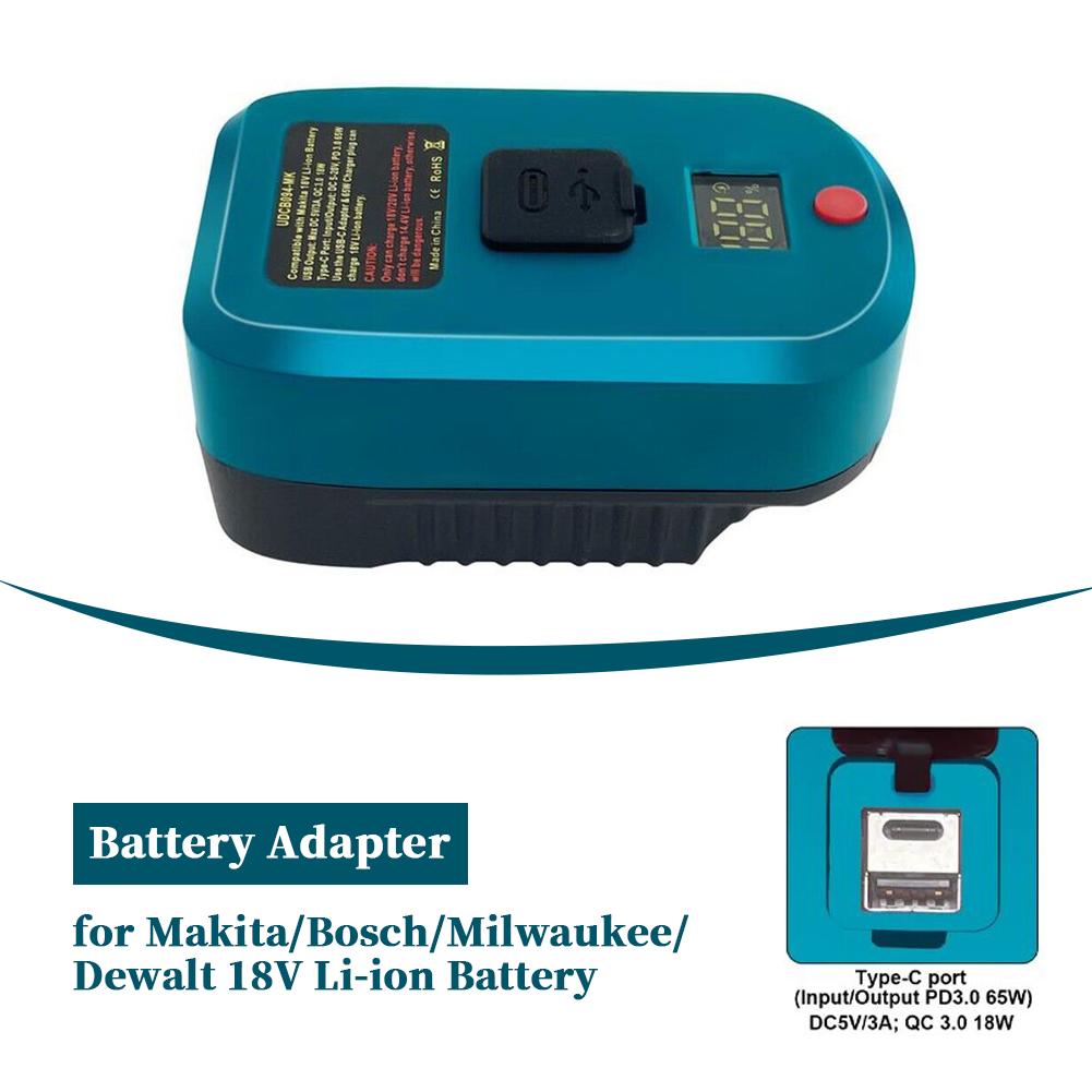 2 IN 1 Battery Charger for /Bosch/Milwaukee/ 20V 18V Li-ion Battery USB and Type-C Input Output Battery Adapter