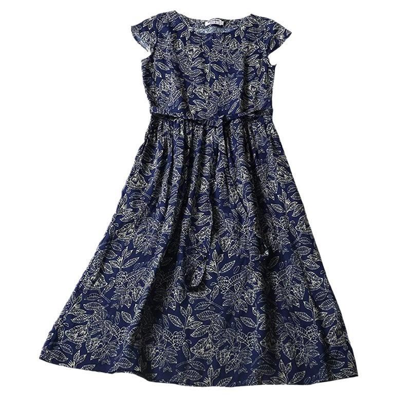 Καλοκαίρι νέο λογοτεχνικό και φαρδύ βαμβακερό και λινό εμπριμέ φόρεμα με στρογγυλή λαιμόκοψη και κοντά μανίκια γυναικείο ρούχο μεσαίο και μακρύ #