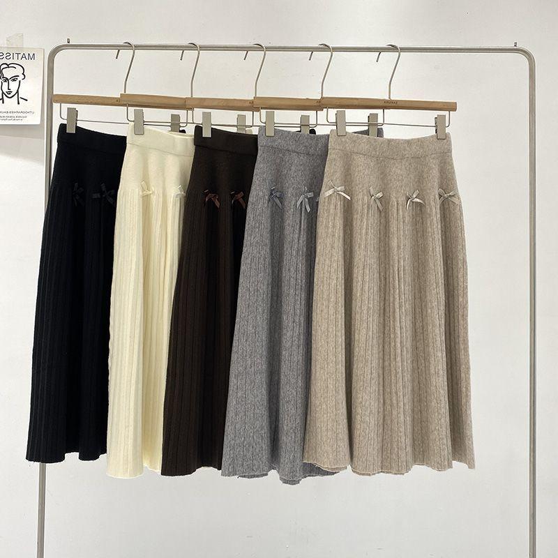 Korean Fashion High-Waisted Slimming Pleated Knit Skirt with Bow Detail