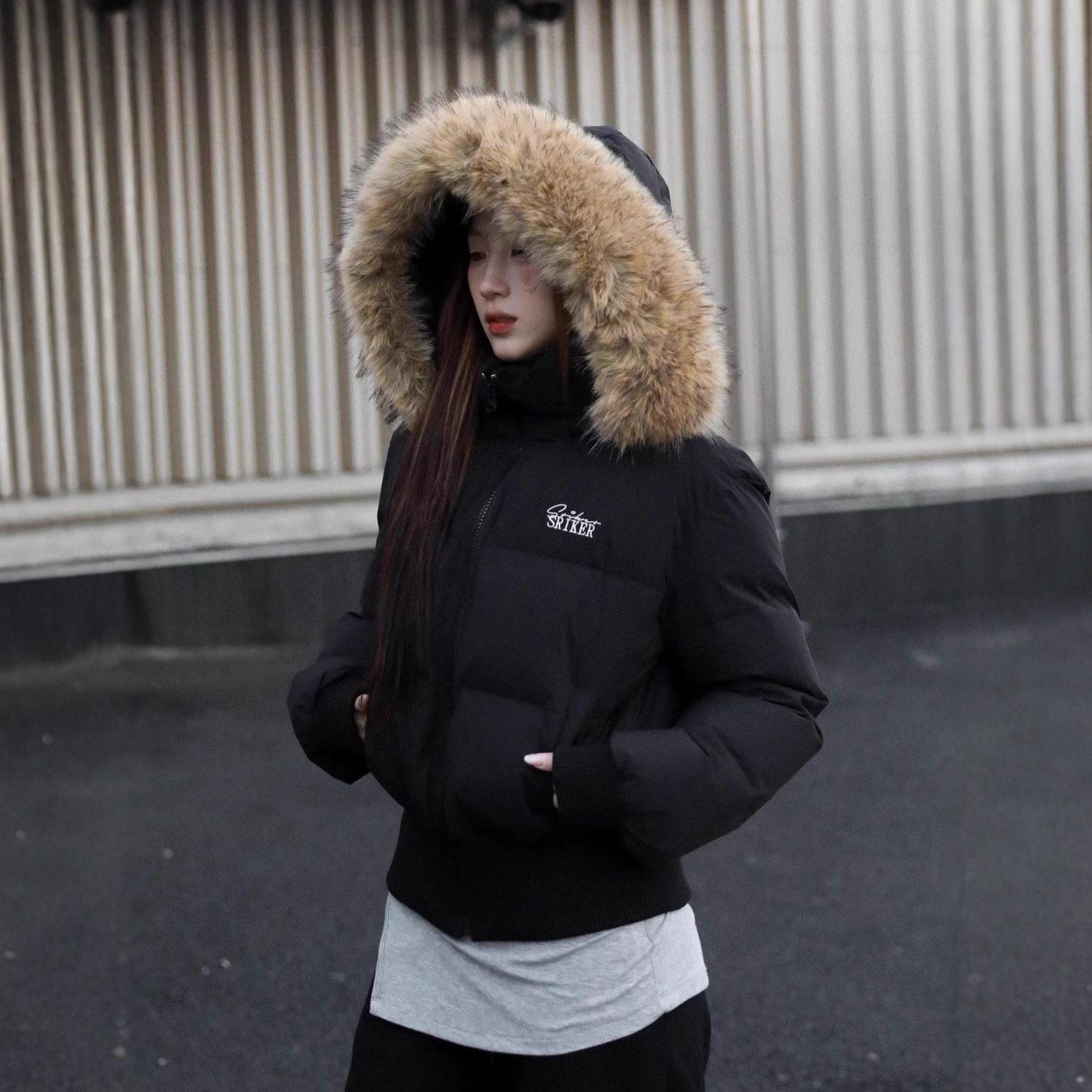 

Зимняя короткая пуховая куртка с меховым воротником для женщин, новая, приталенная, высококачественная куртка с хлопковой подкладкой L