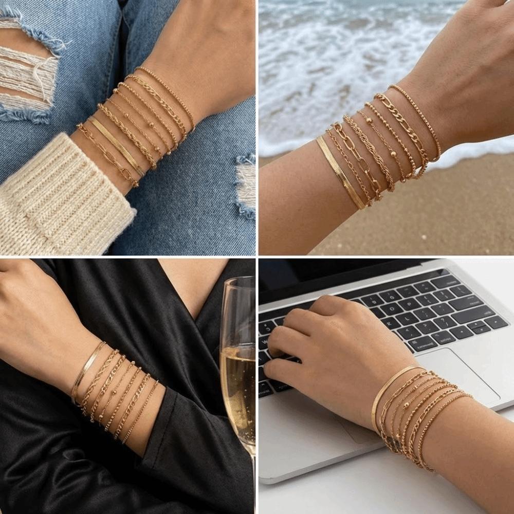 10Pcs/set Vintage Style Snake Chain Bracelet Flat Chain Multi-layer Bracelet Casual Wear