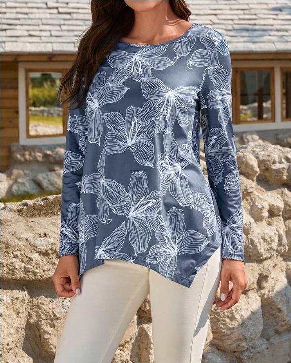 Женская футболка с асимметричным подолом цветочным принтом и длинными рукавами с круглым вырезом - Коллекция 2024 4XL королевский синий 1590₽