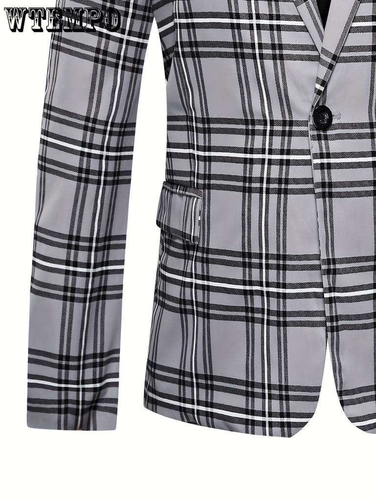 Costum în carouri pentru bărbați, 2 buc, mărime Plus - Jachetă blazer cu un buton cu revere crestate și set de pantaloni de costum-Pentru afaceri și ținute zilnice, potrivite pentru ocazii formale