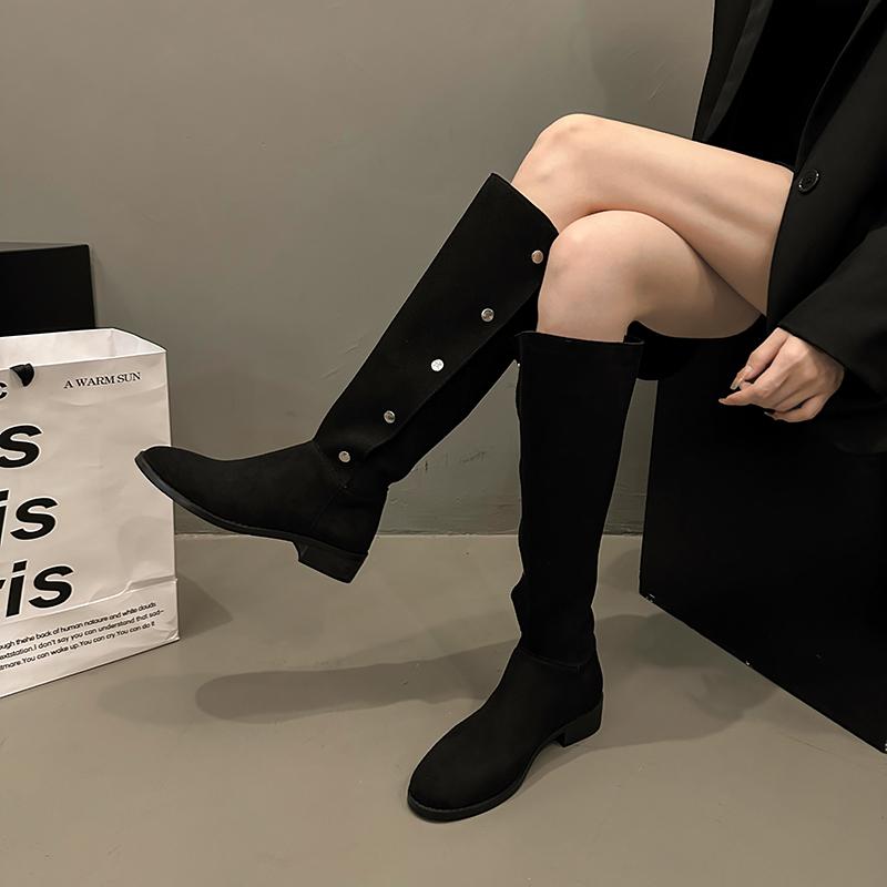 Fashion Aphixta Suede Upper Button Dec Women Ankle Boots Knee Boots Women Black Shoes Fashion Round Toe Modern Ankle Boots for Women