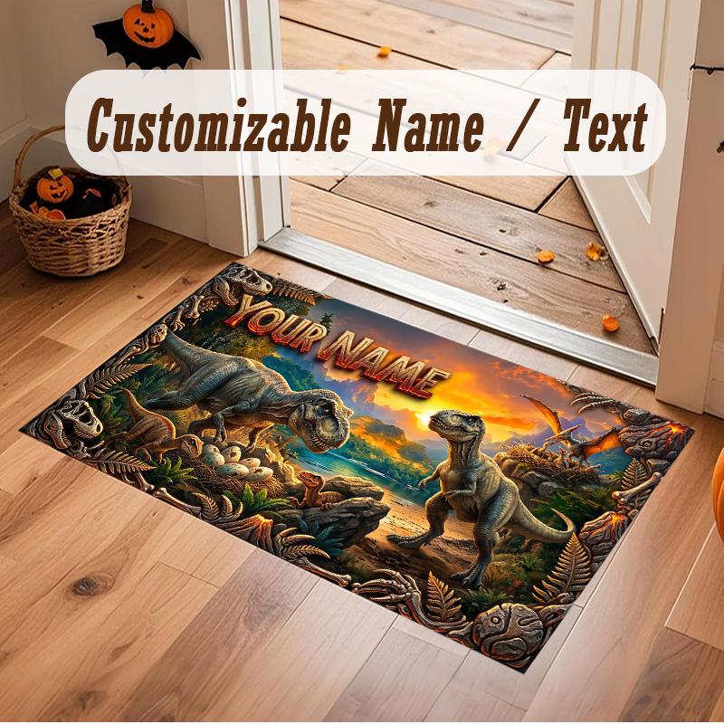 Dinosaur Theme Soft Crystal Velvet Rug Custom Name & Text Print Non Slip Floor Rug for Bedroom Living Room