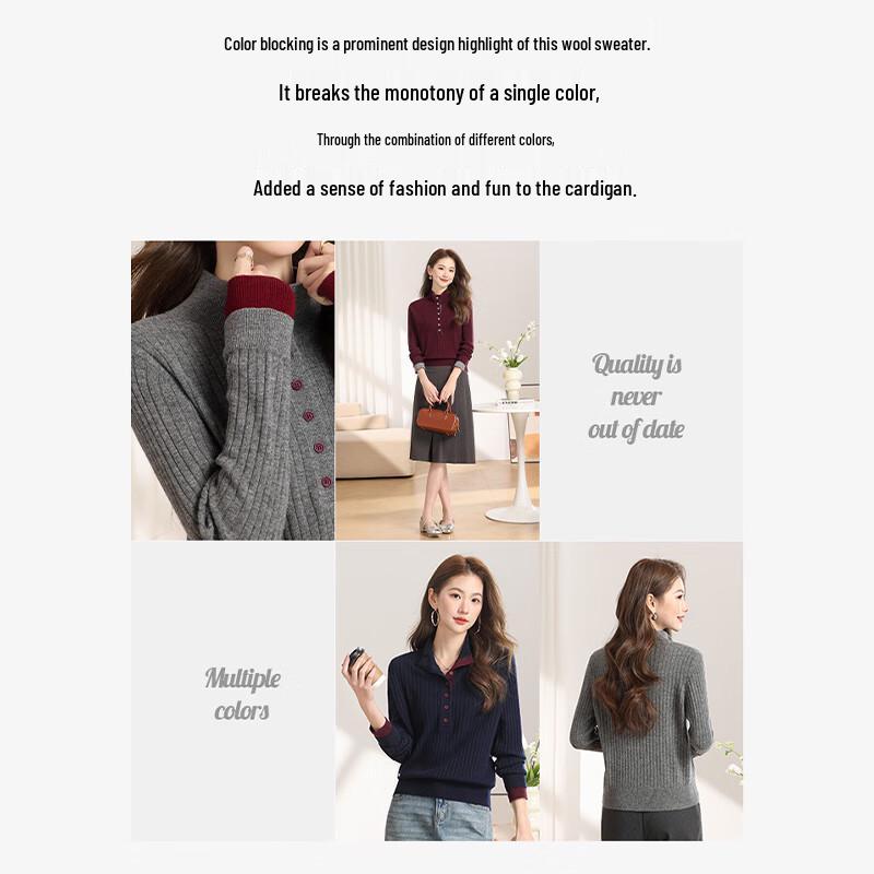 Qianbainian Damen Farbblock-Strickpullover aus reiner Wolle