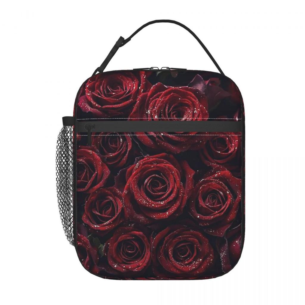 Red Rose Floral Design Insulated Lunch Bag for Women Kids Portable Food Boxes Thermal Lunch Box Tote