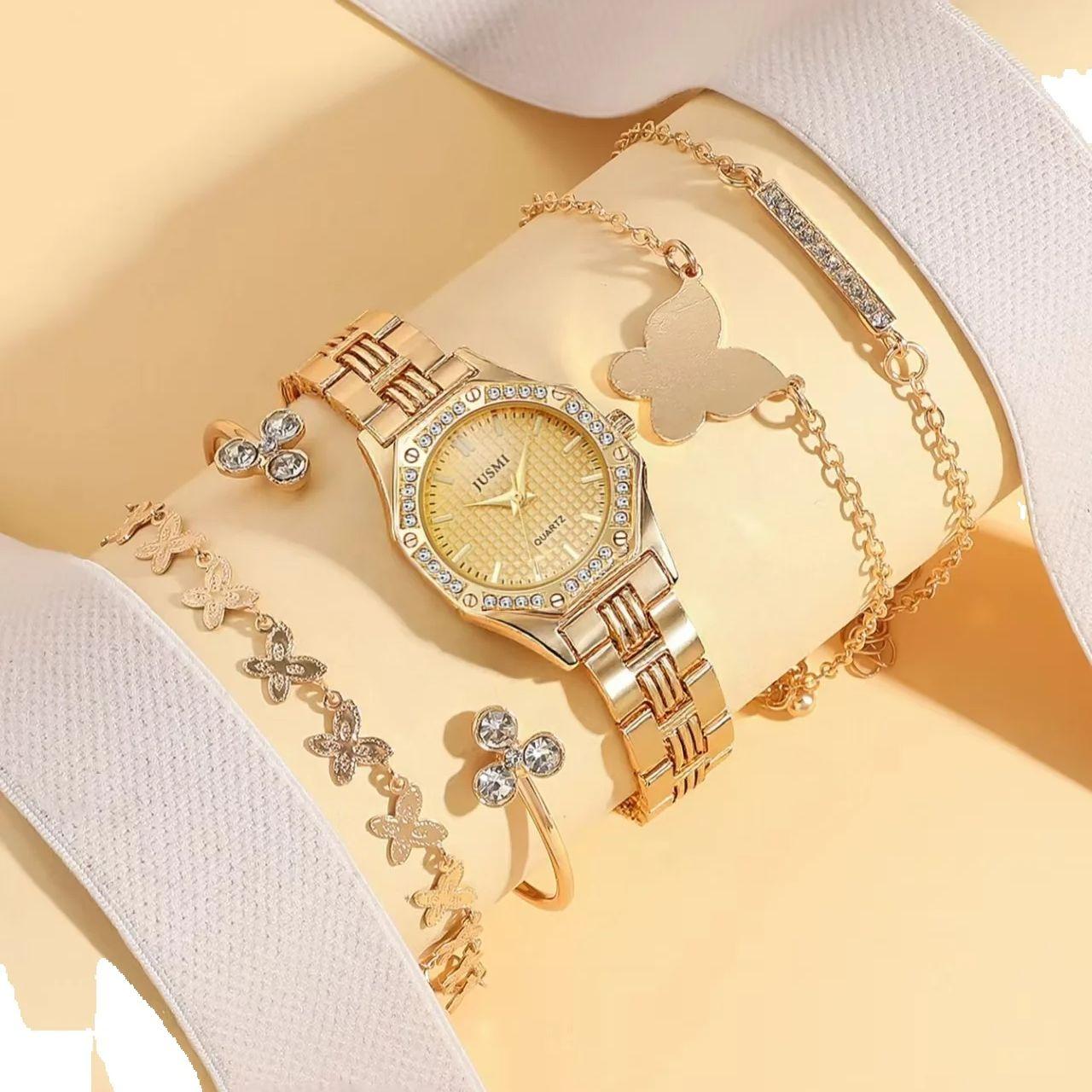 

Fashionable Simple Diamond Set Dial Alloy Quartz Women s Watch Butterfly Bracelet Set of 5, Suitable for Thanksgiving and Christ золотой