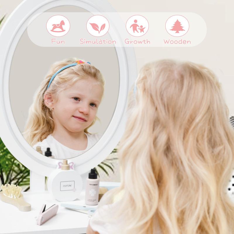 Wooden Four-Leaf Clover Vanity Toy: Baby Girl's Imitation Dressing Table with Lipstick, Eyeshadow, Hair Dryer, and Mask