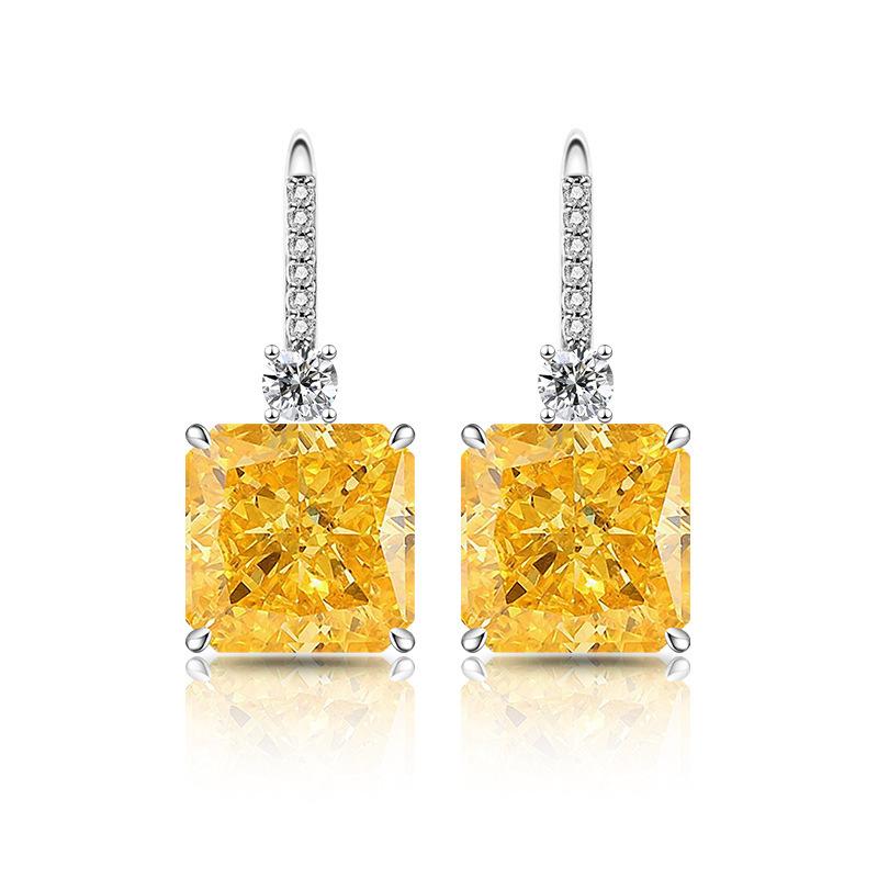 

925 Silver Fashion Ice Flower Cut Square Crystal Zircon Ear Hook Birthday Anniversary Wedding Party Gift Ladies Jewelry жовтий