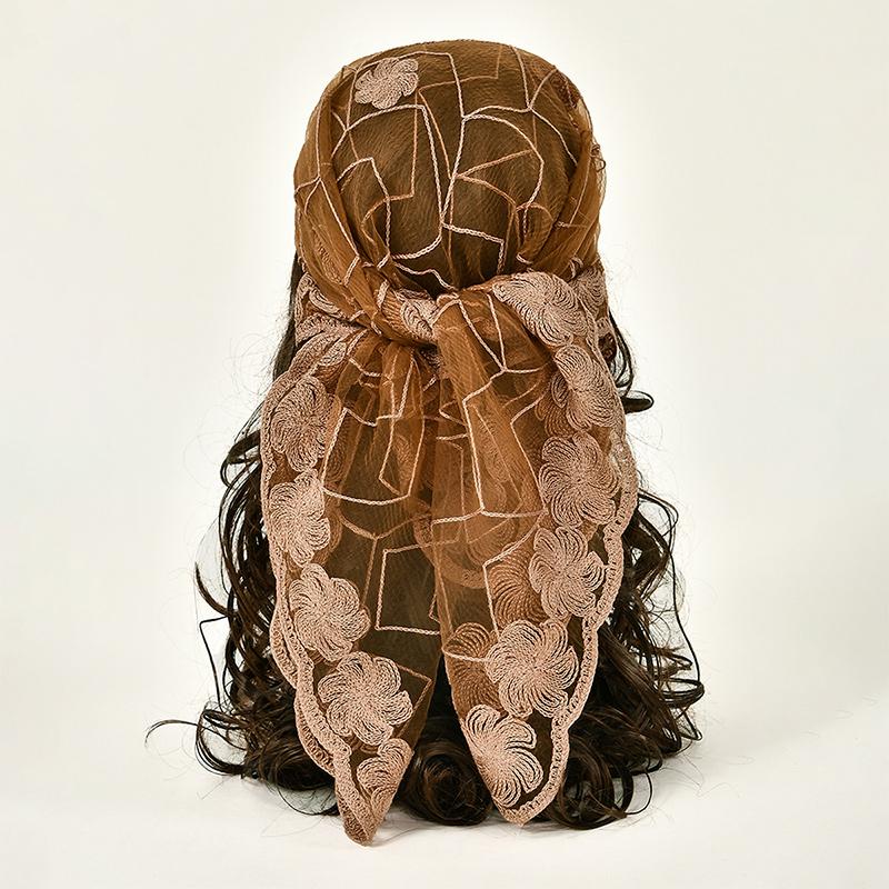 

Newest Yarn Square Scarf Floral Embroidery Lace Headband Summer Breathable Bandana For Women Elegant Turban Hair Wrap 80*80cm