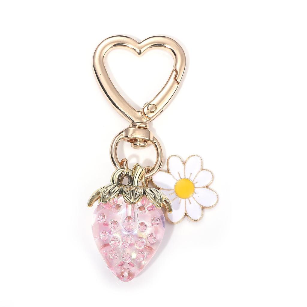 Peach Heart Strawberry Flower Keychain - Heart-Shaped Bag or Car Pendant