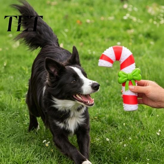 Elastic Rubber Dog Chews Christmas Squeaky Chew Toys, Teeth Cleaning Interactive Pet Holiday Themed Fetch Toys for Pets Balls with Candy Cane
